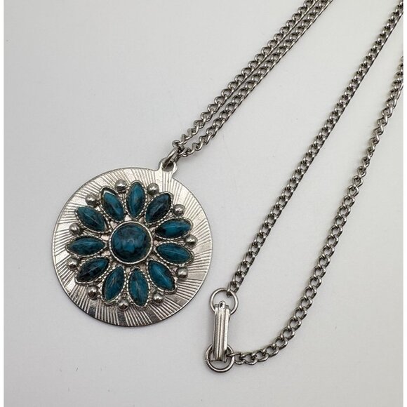 Faux Turquoise Floral Pendant Necklace Silver Tone Flower Power Southwestern - Picture 5 of 6